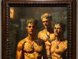 un tableau représentant trois hommes debout côte à côte