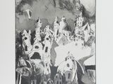 un dessin en noir et blanc représentant un groupe de personnes à cheval