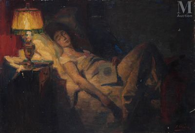 un tableau représentant une femme allongée dans son lit à côté d'une lampe