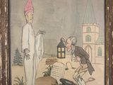 tableau représentant un homme coiffé d'un chapeau rose et un homme en costume blanc coiffé d'un chapeau rose