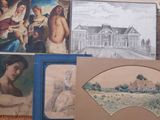 many paintings on the wall of this room