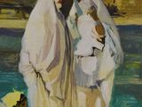 a painting of two people on a beach near a body of water