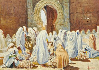 une peinture à l'huile représentant un groupe de personnes devant un bâtiment