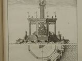 an old book with a drawing of a clock tower