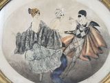 painting of two women in fancy dresses in a gold frame