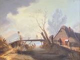 un tableau représentant un pont au-dessus d'une rivière, avec une maison en arrière-plan