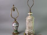 pair of antique table lamps with a painted face on the base