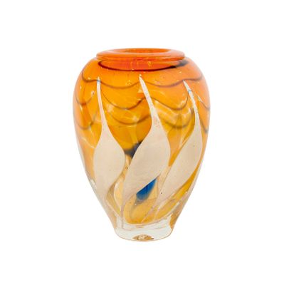 a glass vase with a design on it on a white background