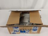 a cardboard box with a cup inside of it on a white surface