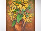 painting of yellow flowers in a brown vase on a white background