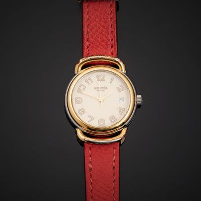 HERMES “Pullman”. Montre bracelet, boîtier rond en acier et …