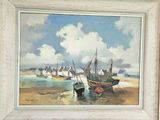 a picture of a painting of boats on the beach
