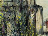 an image of a painting of a building with a tree in front of it