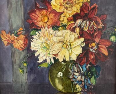 a painting of flowers in a green vase on a table