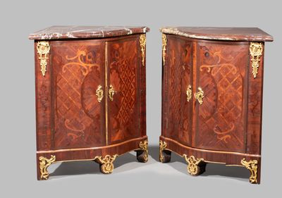 pair of louis xv style marquet commode cabinets