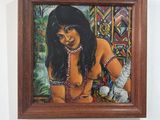 tableau représentant une femme en bikini assise sur un banc