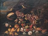 peinture d'une nature morte de fruits et de fleurs sur une table