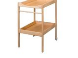 wooden baby changing table with two shelves and wheels