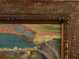 a painting of a view of a city and a body of water