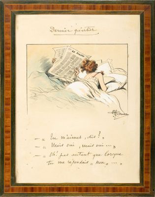 un vieux dessin représentant une femme en train de lire un journal sur un lit