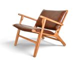 the chair is made of wood and has a brown leather upholstered seat