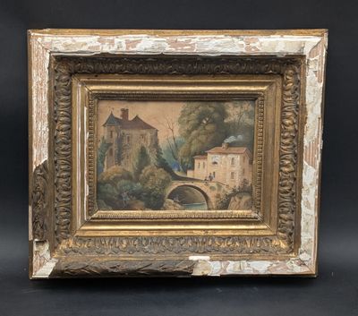 un tableau représentant une maison avec un pont devant