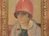 painting of a woman wearing a red hat and a red tie