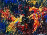 abstract painting of two colorful birds in a dark forest