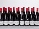 six bottles of red wine are lined up in a row