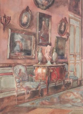 un tableau représentant une pièce avec des tableaux accrochés aux murs