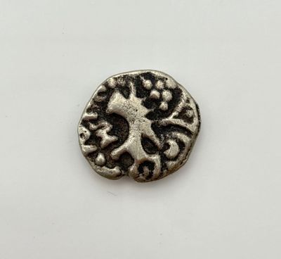 a silver coin with a tree on it sitting on top of a table