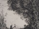 dessin représentant un homme tenant un oiseau dans la main devant un arbre