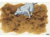 a drawing of a white wolf with a knife in it ' s mouth
