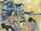 painting of two women sitting on the ground with a gun in their hand