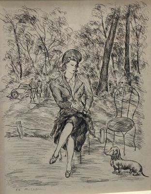 drawing of a woman sitting on a bench next to a dog
