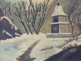 painting of a small church in the middle of a snowy landscape