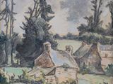 an image of a painting of a village in the middle of a field
