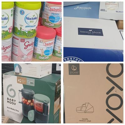 plusieurs photos montrant divers produits alimentaires pour bébés posés sur une table