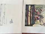 un livre ouvert sur lequel figure le dessin d'une femme assise sur une chaise