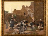 an oil painting of a group of people washing clothes in a river