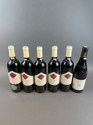 six bottles of red wine lined up in a row