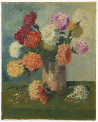 painting of a vase of flowers on a table with a green background