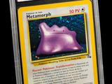 La carte Pokémon se trouve dans un étui en plastique transparent sur fond noir.