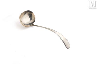 une cuillère en argent avec un manche de cuillère sur une surface blanche