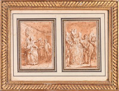 a pair of two framed engravings of figures in an interior
