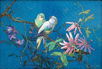 two birds sitting on a branch of a tree with flowers