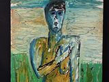 une peinture à l'huile représentant un homme debout dans un champ, les bras croisés