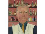 painting of a man in a white coat and yellow tie in front of a shelf of liquor bottles