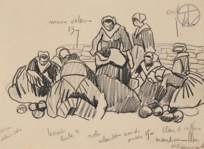 drawing of a group of people standing around a pile of luggage