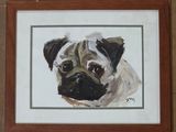 a painting of a pug dog in a wooden frame